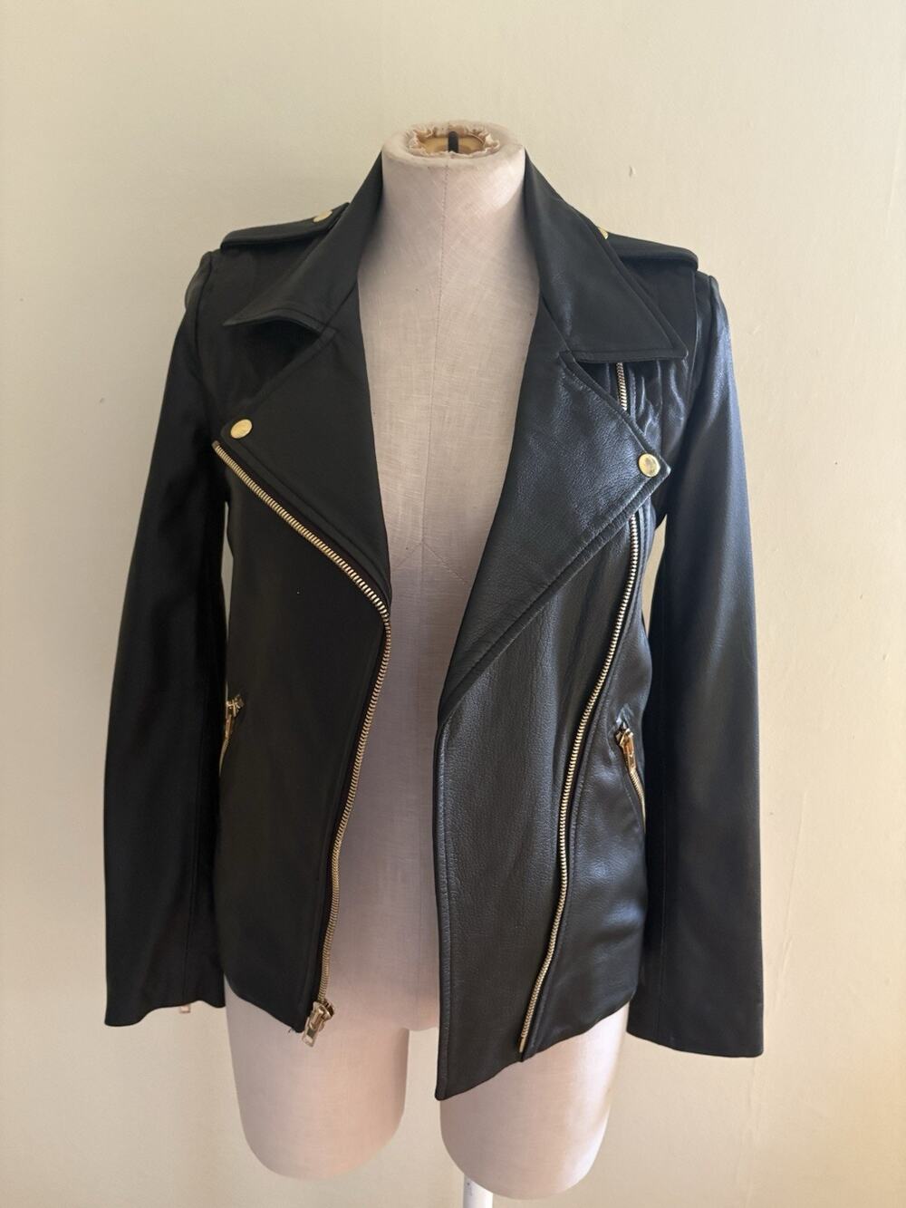 LUV AJ Black Leather Moto Jacket XS Gold Hardware Asymmetrical Zip Biker